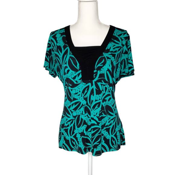 East 5th Black Green Leaf Print Jersey Blouse Top Medium - Picture 1 of 7